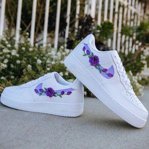 Nike Air Force 1 Custom Low Purple Small Rose Floral White Shoes Mens Women Kids